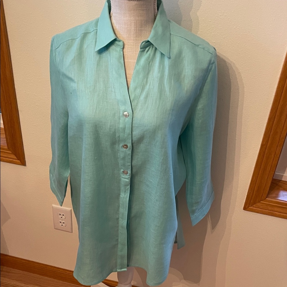 Peck & Peck Linen Aqua Button-Down Blouse